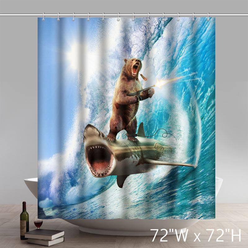 Funny Print New Bear Gun Riding Shark Custom Shower Curtains