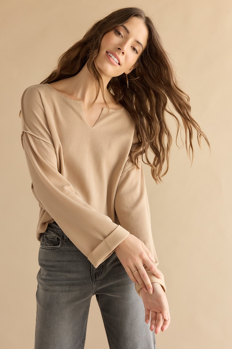 Claire Slouchy Fit Notch Neck Long Sleeve Top Taupe