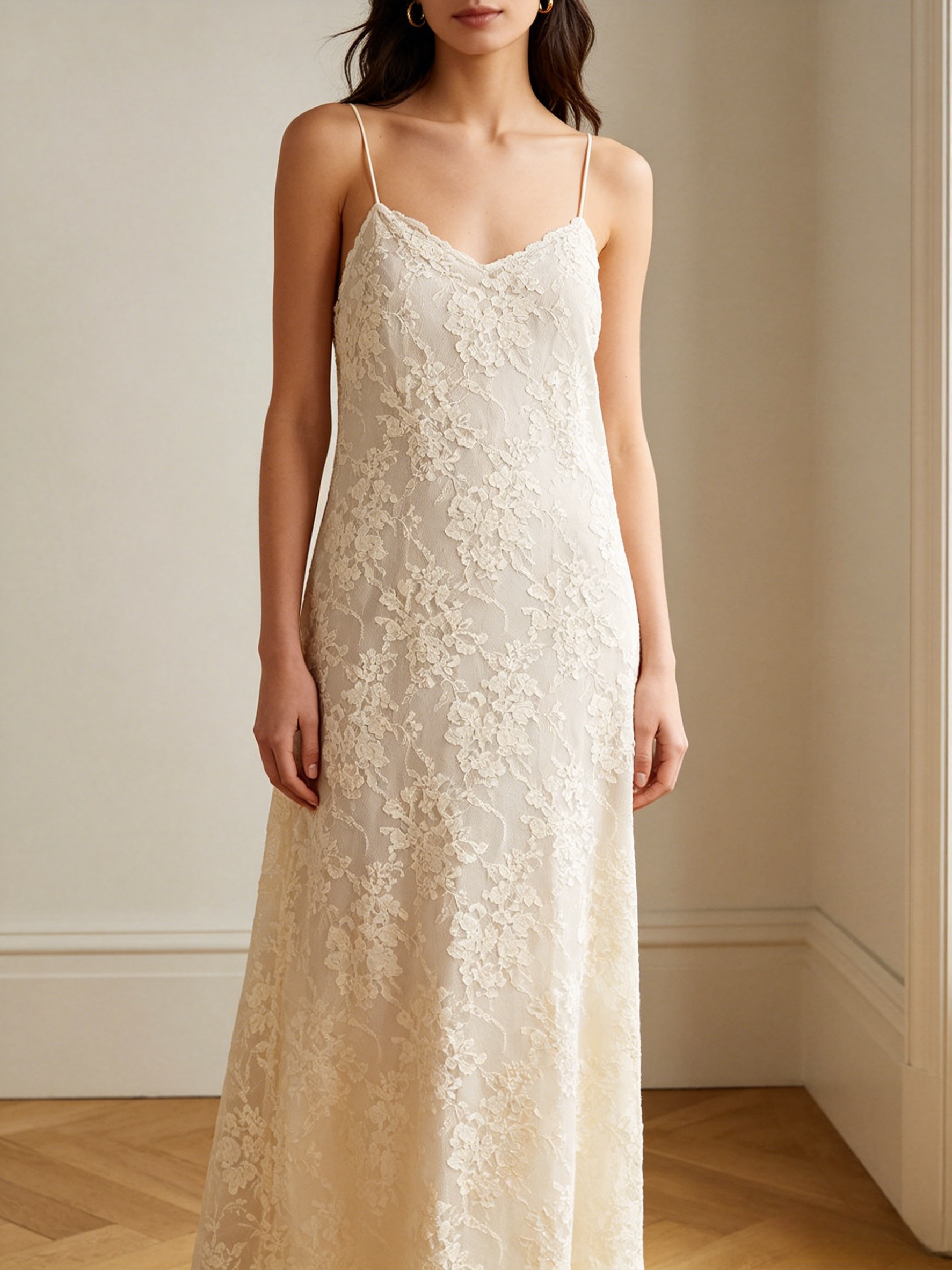 Serenade In The Sun Beige Floral Lace Spaghetti Strap Maxi Dress