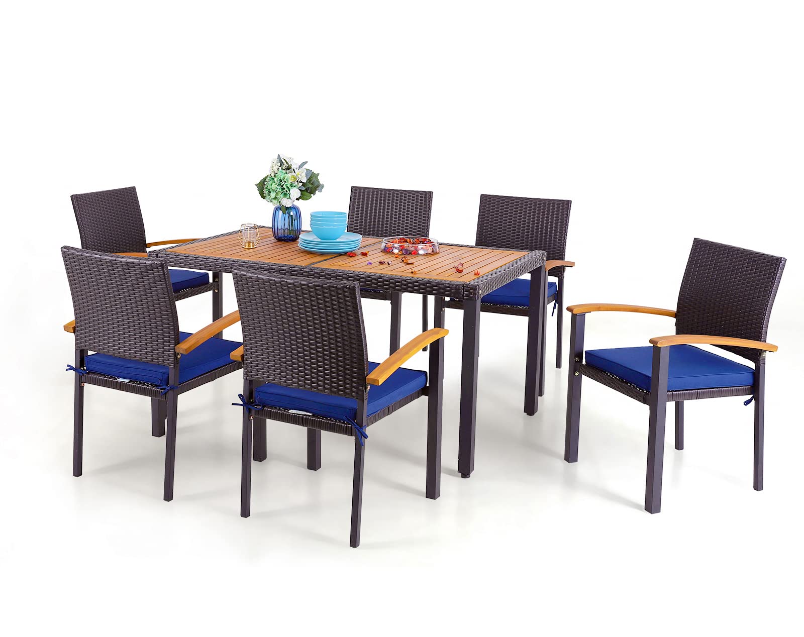 7-Piece Patio Outdoor Dining Set With Acacia Wood Rectangle Table and 6 Rattan Wooden Armrest Dining Chairs