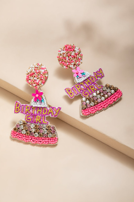 Birthday Girl Party Hat Beaded Drop Earrings