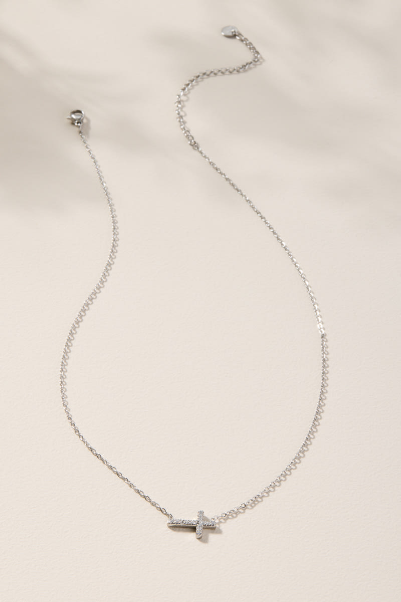 Angela Stainless Steel Silver Sideways Cross Pendant Necklace