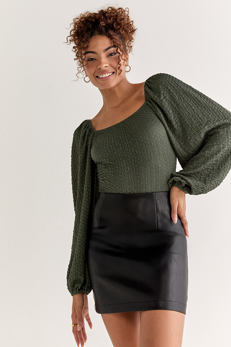 Ethel Puff Sleeve Texured Knit Bodysuit Olive Green