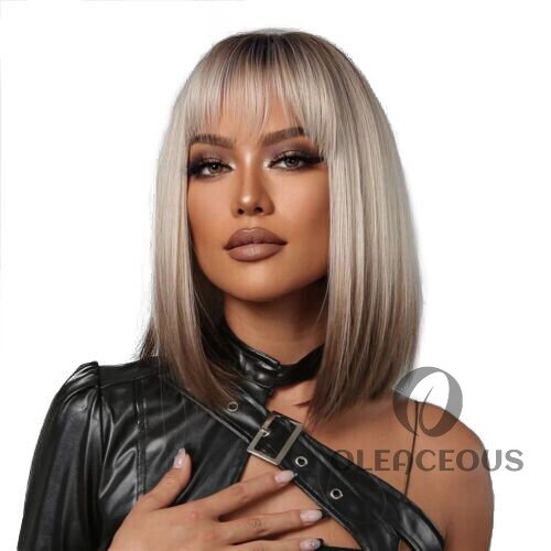 Women Short Brown Blonde Ombre Bob Wigs with Bangs Synthetic Wigs Heat Safe