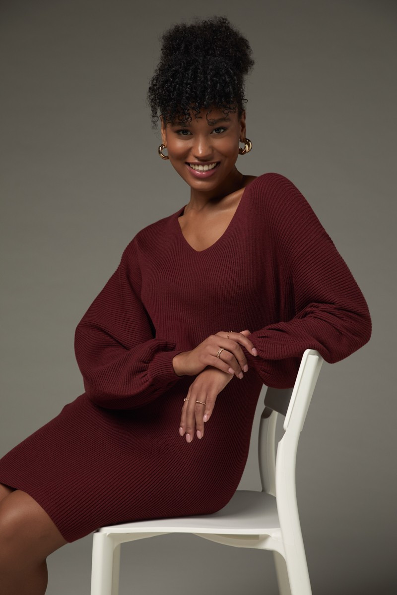 Maria Balloon Sleeve Sweater Dress Burgundy