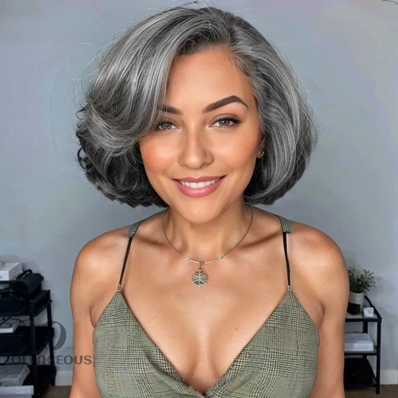 Salt and Pepper Short Bob Wigs Straight  Lace Front/Closure Wigs