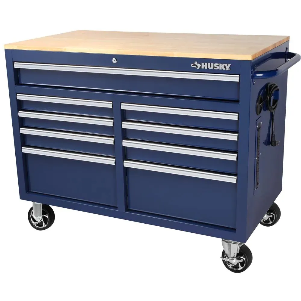 Husky 46 in. W x 24.5 in. D 9-Drawer Gloss Black Deep Tool Chest Mobile Workbench with Hardwood Top and Power Stations