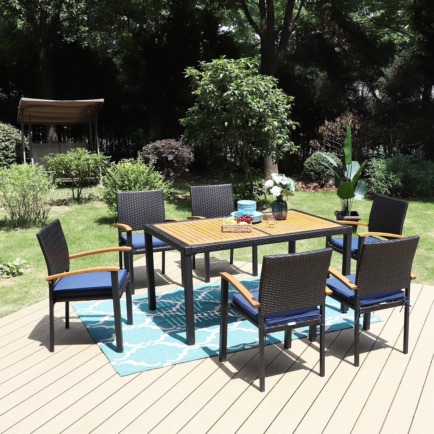 7-Piece Patio Outdoor Dining Set With Acacia Wood Rectangle Table and 6 Rattan Wooden Armrest Dining Chairs