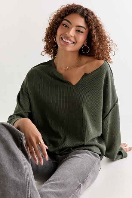 Claire Slouchy Fit Notch Neck Long Sleeve Top Olive Green