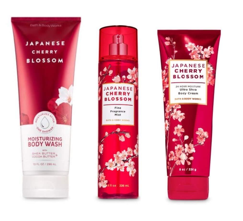 Bath & Body Works - Japanese Cherry Blossom - Moisturizing Body Wash, Fine Fragrance Mist and Ultra Shea Body Cream - 3 pc - Gift Set (2020))
