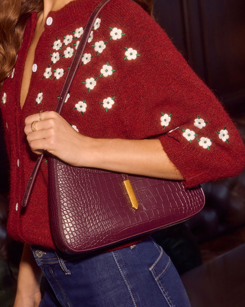 Verah Vegan Leather Croc Embossed Shoulder Bag