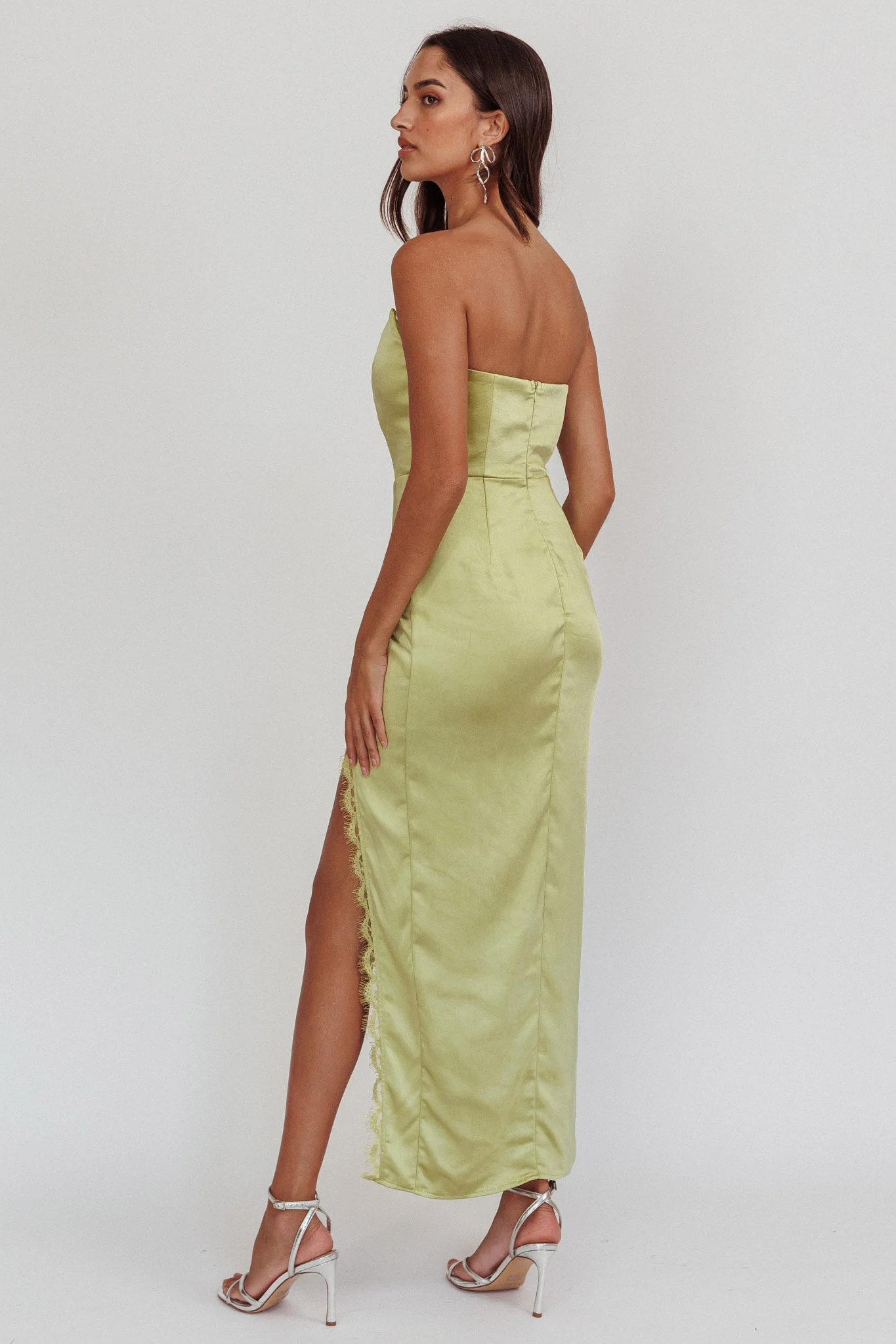 Winter Moon Strapless Lace Trim Midi Dress Sage