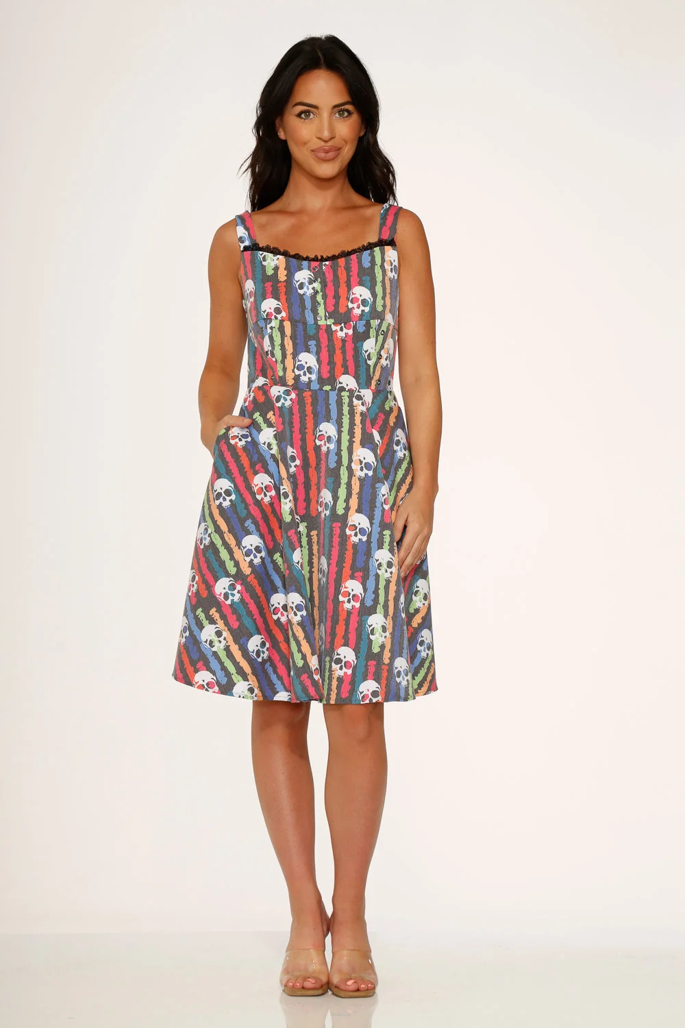 Black Skulls Rainbow Swing Dress