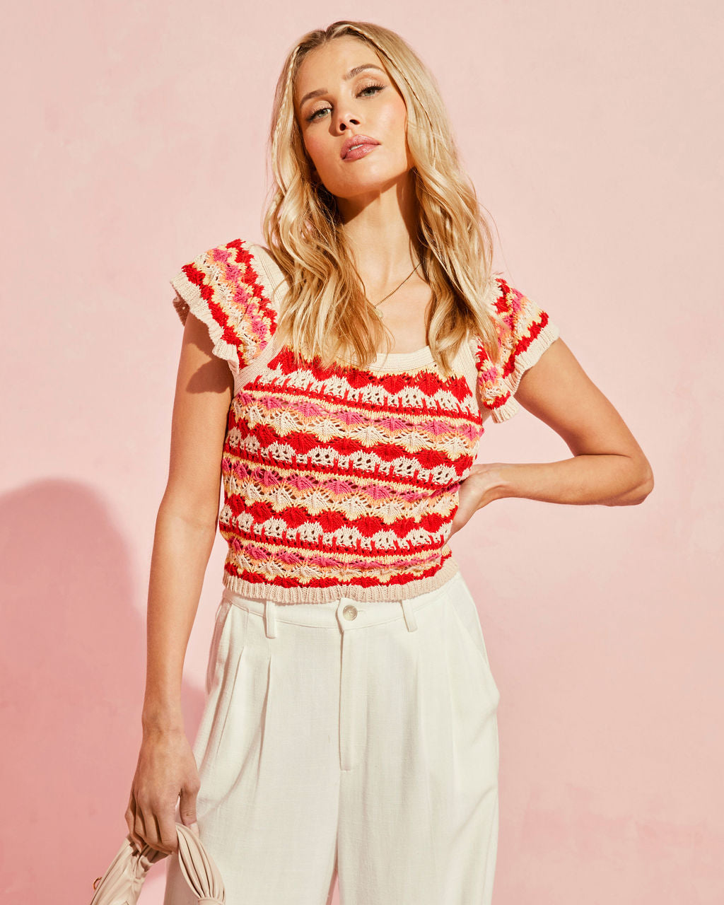 Josephine Cotton Crochet Knit Flutter Sleeve Top