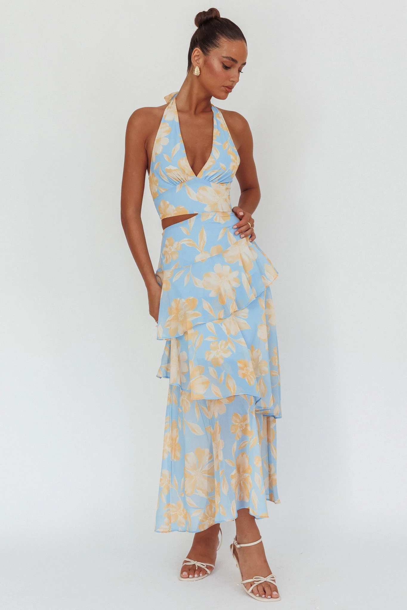 Aura Points Halterneck Cut-Out Maxi Dress Floral Blue