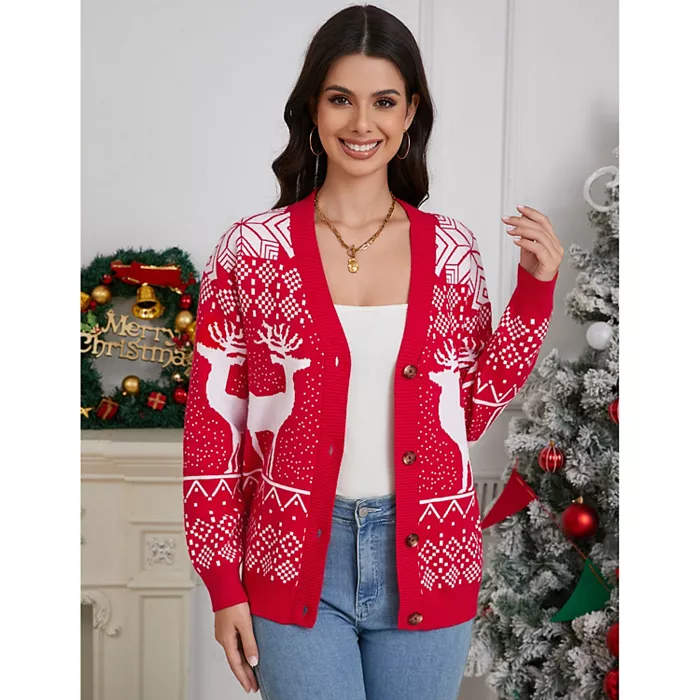 Women's Christmas Ugly Sweater Button Down Open Front Ribbed Kint Long Sleeve Cardigan