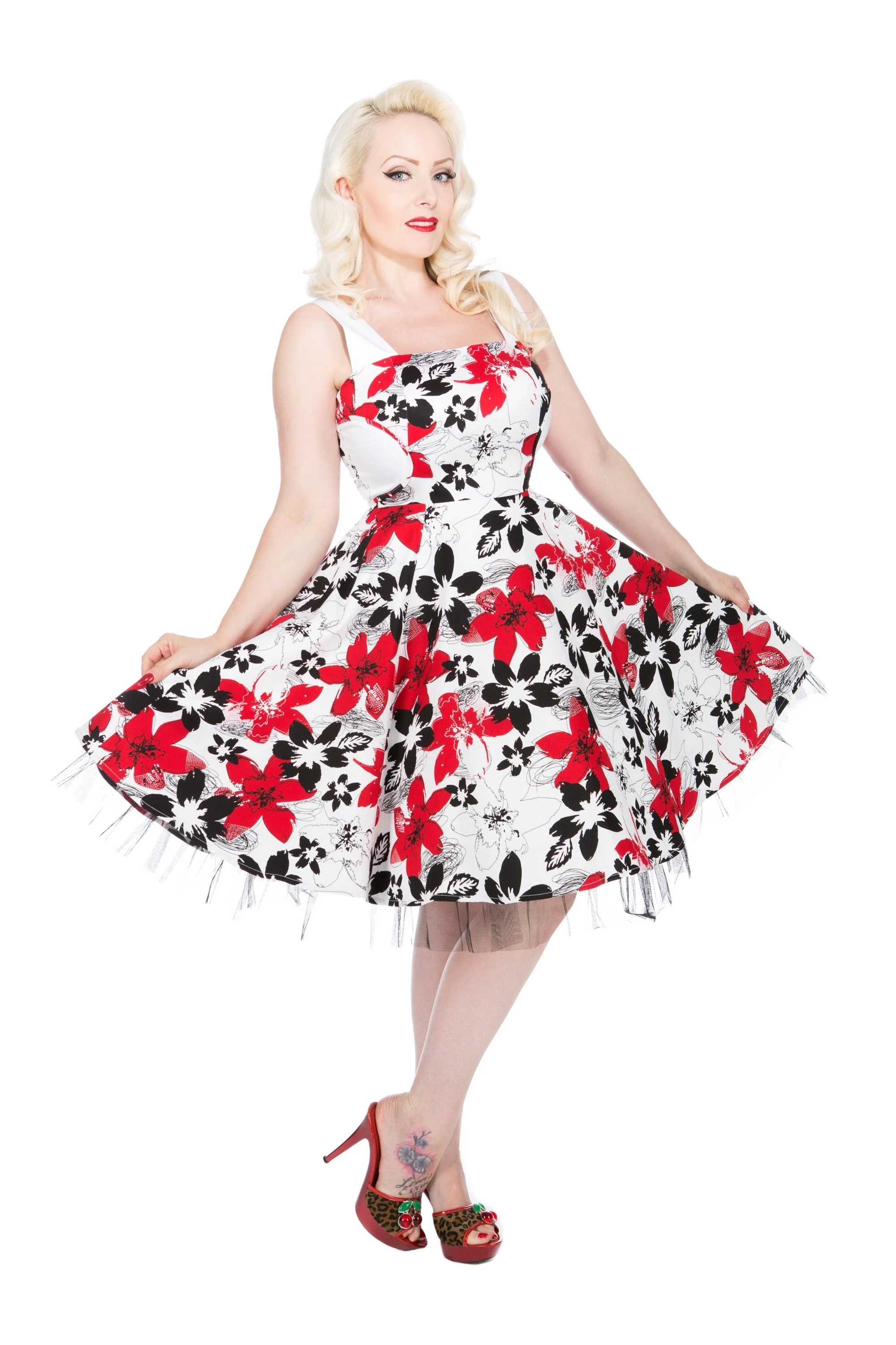 White & Red Floral Swing Dress