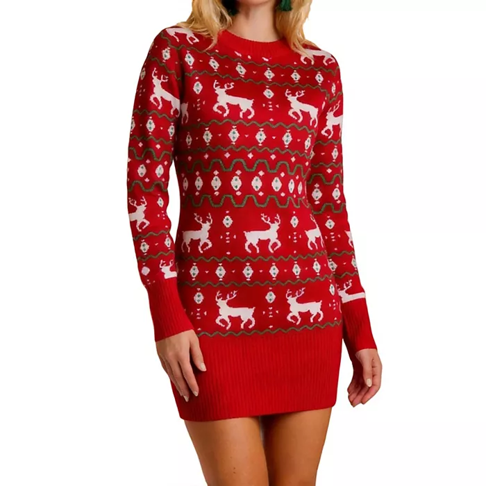 Women's Christmas Knit Dress Long Sleeve Crew Neck Bodycon Dress Reindeer Slim Sweater Dress