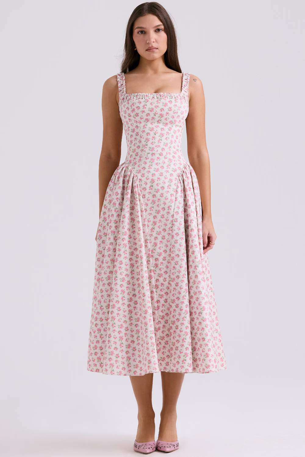 white rosebud print cotton midi sundress