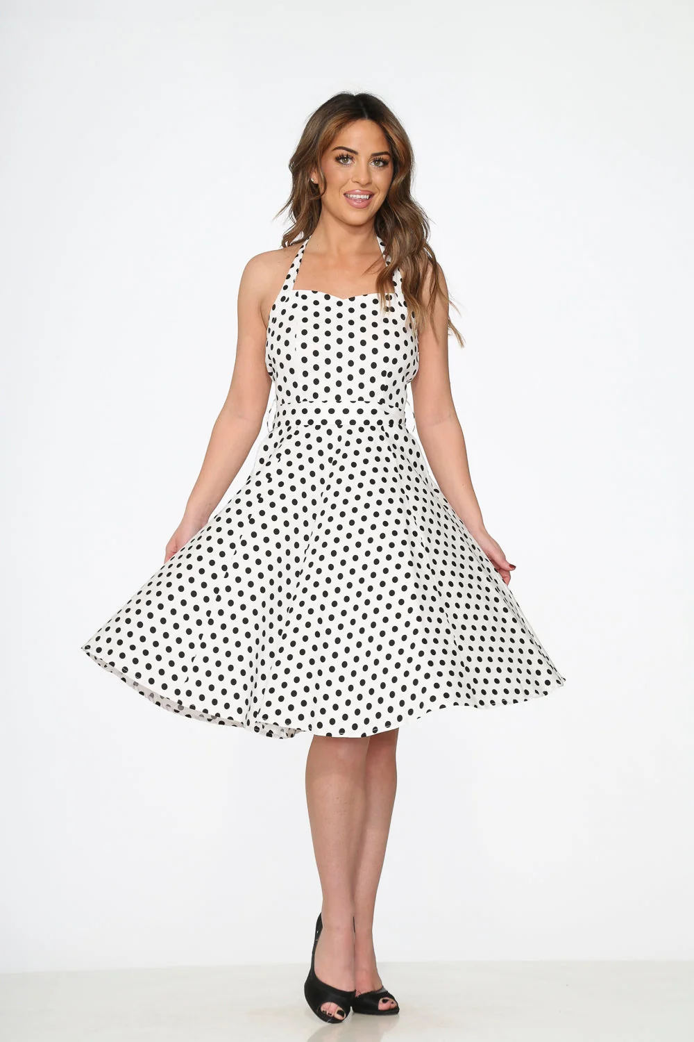 White & Black Polka Dot Halter Dress