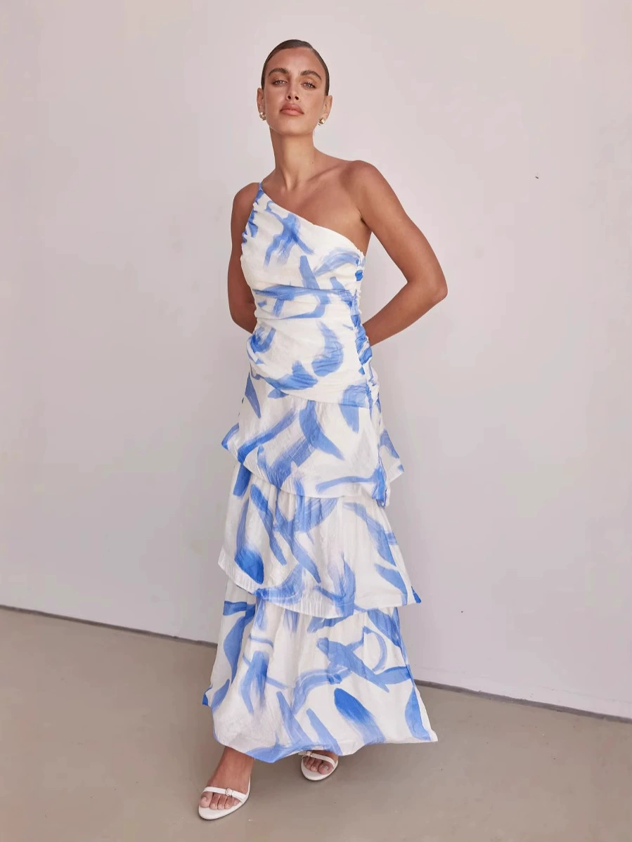 Floral One-Shoulder Maxi Dress – Women's Vacation Dress