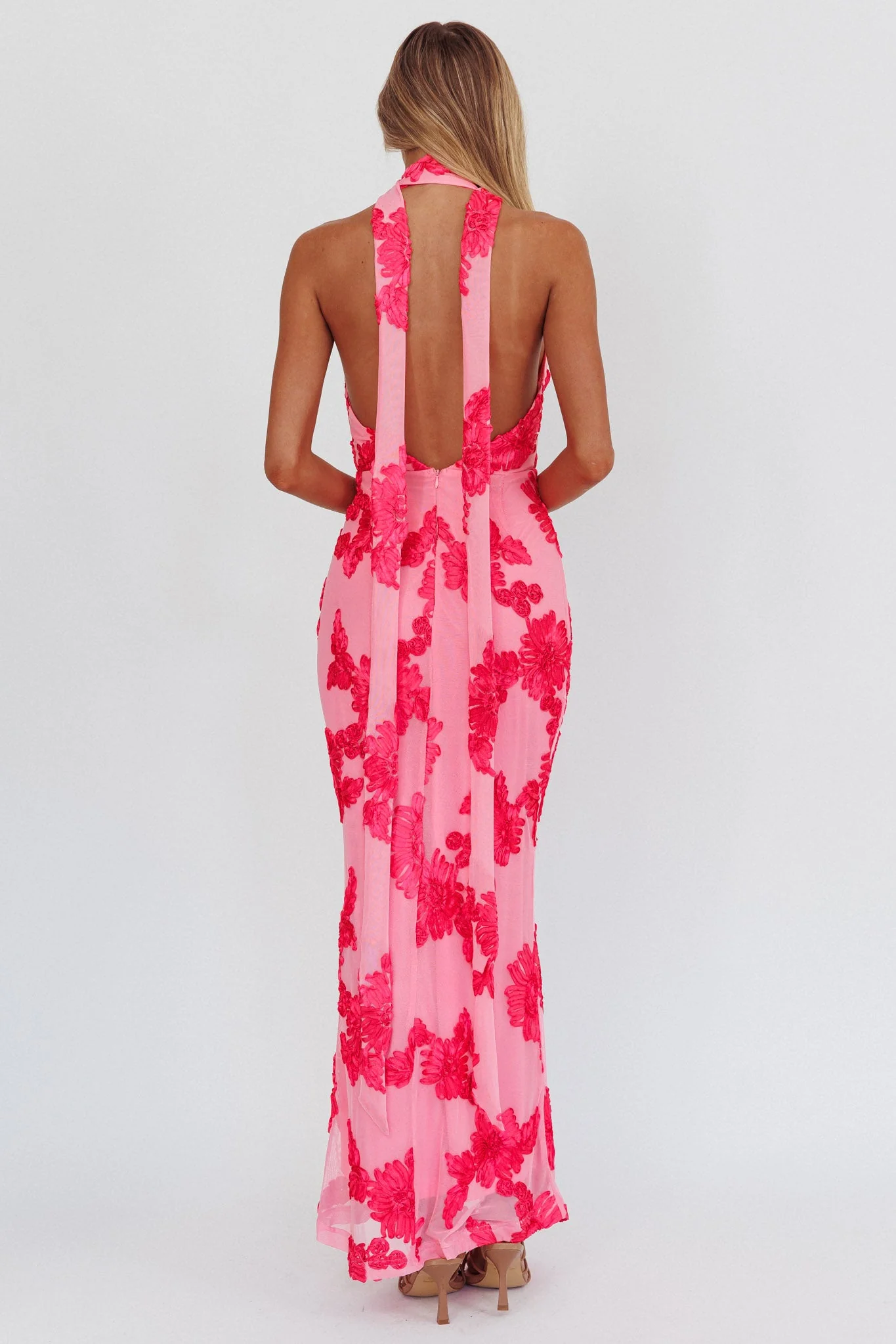 Cipriana Backless Halter Maxi Dress Embellished Pink