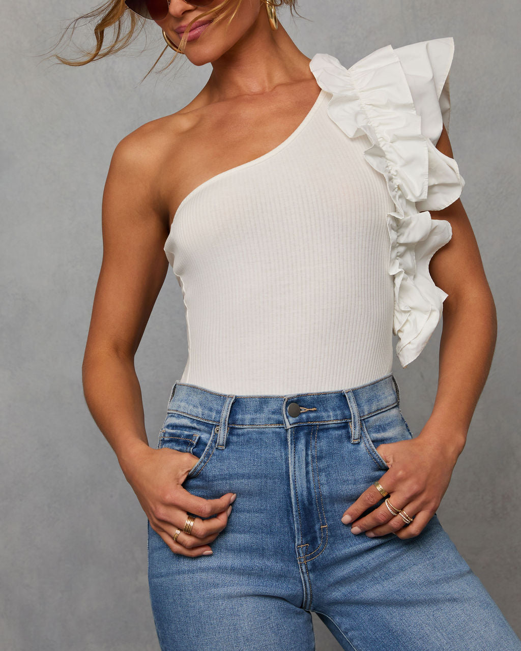 Statement Maker Ribbed One Shoulder Ruffle Bodysuit