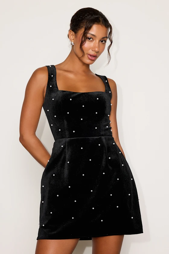 Viola Black Velvet Pearl Skater Dress