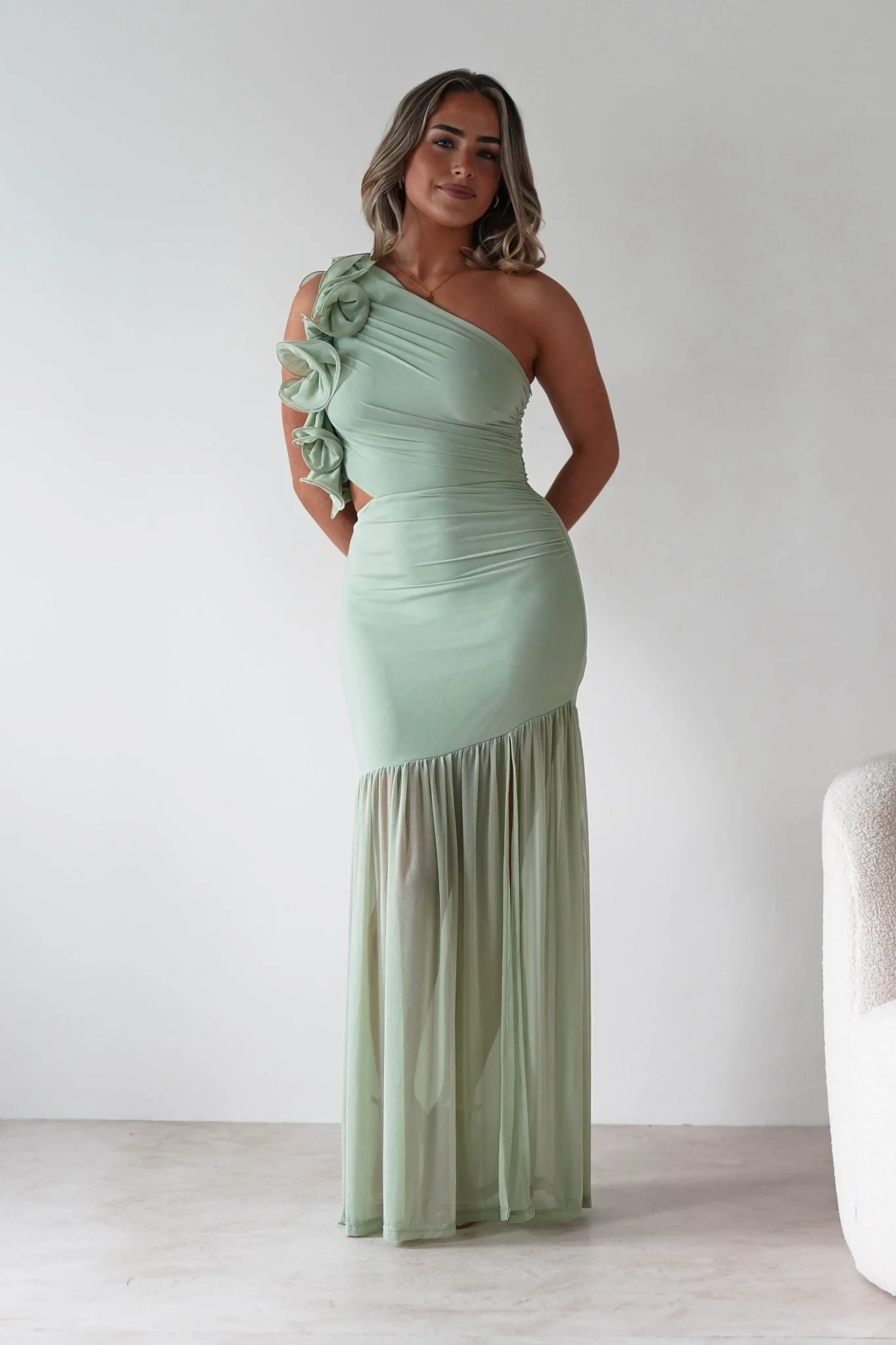 Stephanie Mesh Ruffle Maxi Dress | Sage