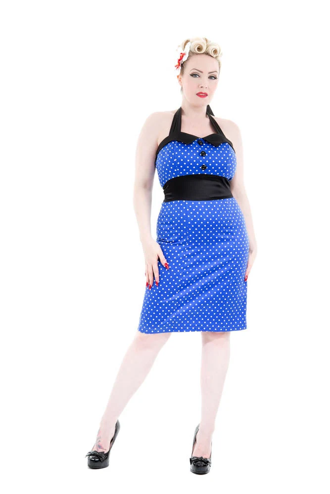 Blue & White Polka Dot Halter Wiggle Dress
