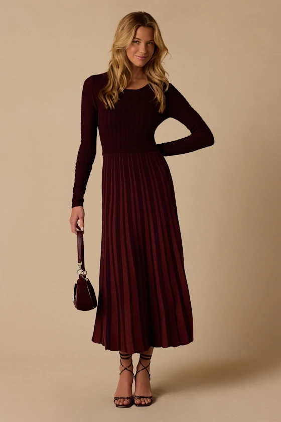 Violetta Burgundy Pleated Knit Midi Dress