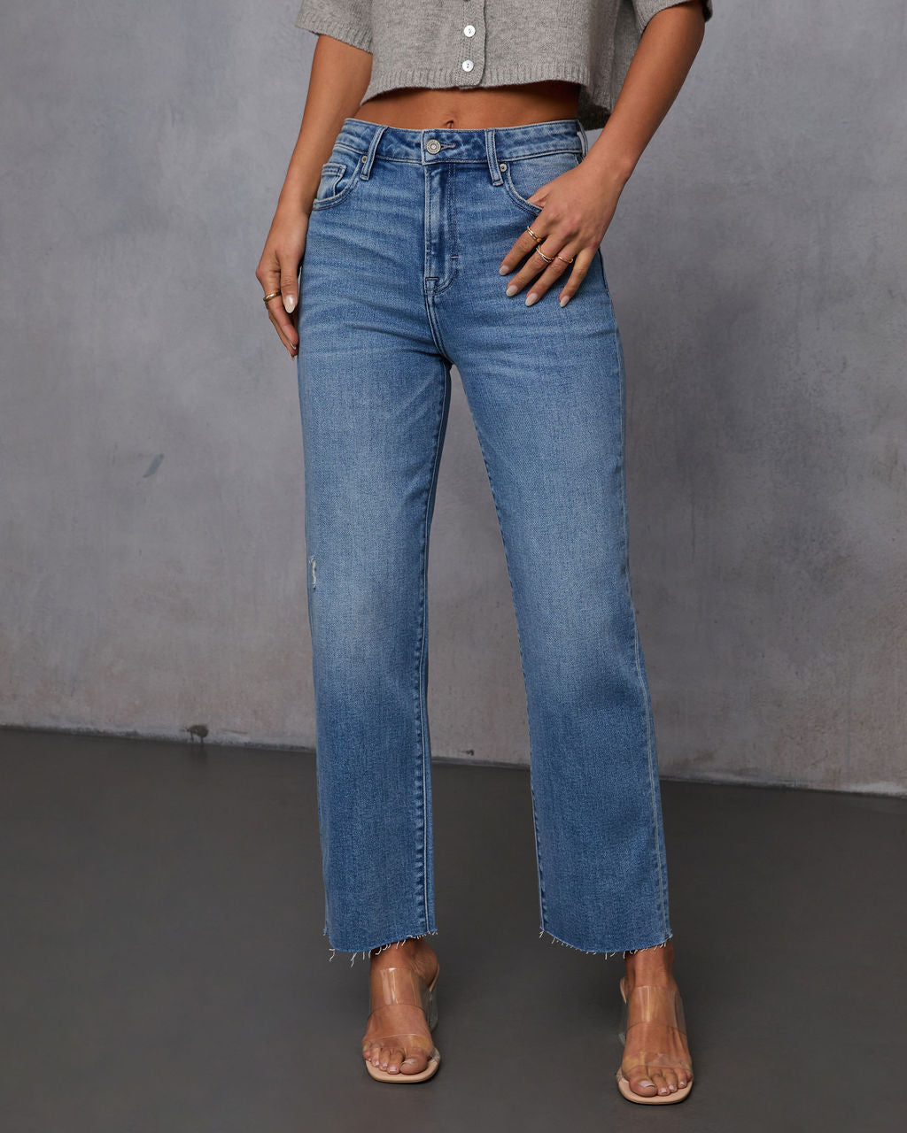 Mikal Super Stretch Frayed High Rise Cropped Jeans