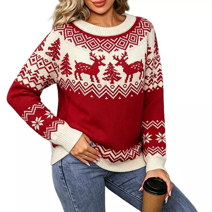 GloryStar Women Christmas Reindeer Sweater Long Sleeve Crew Neck Knit Holiday Pullover Sweater