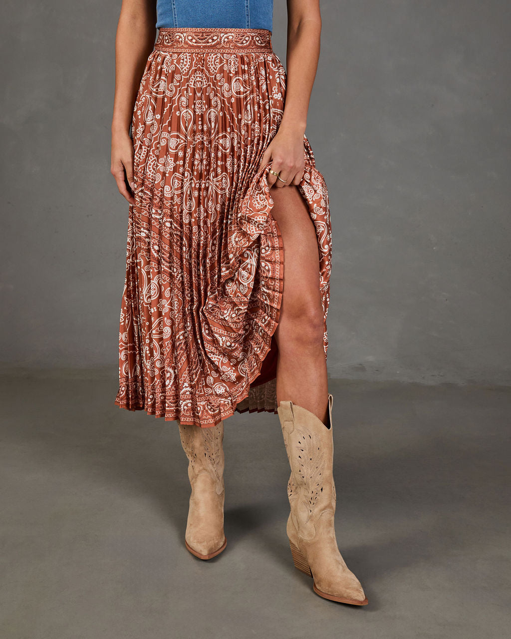 Whispered Valley Pleated Paisley Midi Skirt