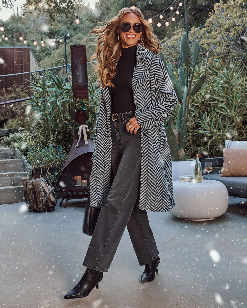 Noellah Herringbone Print Faux Fur Coat