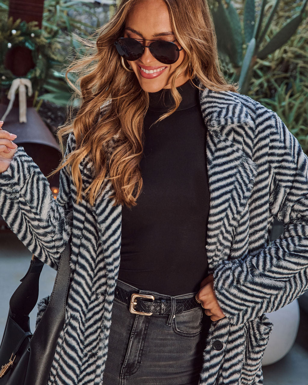 Noellah Herringbone Print Faux Fur Coat