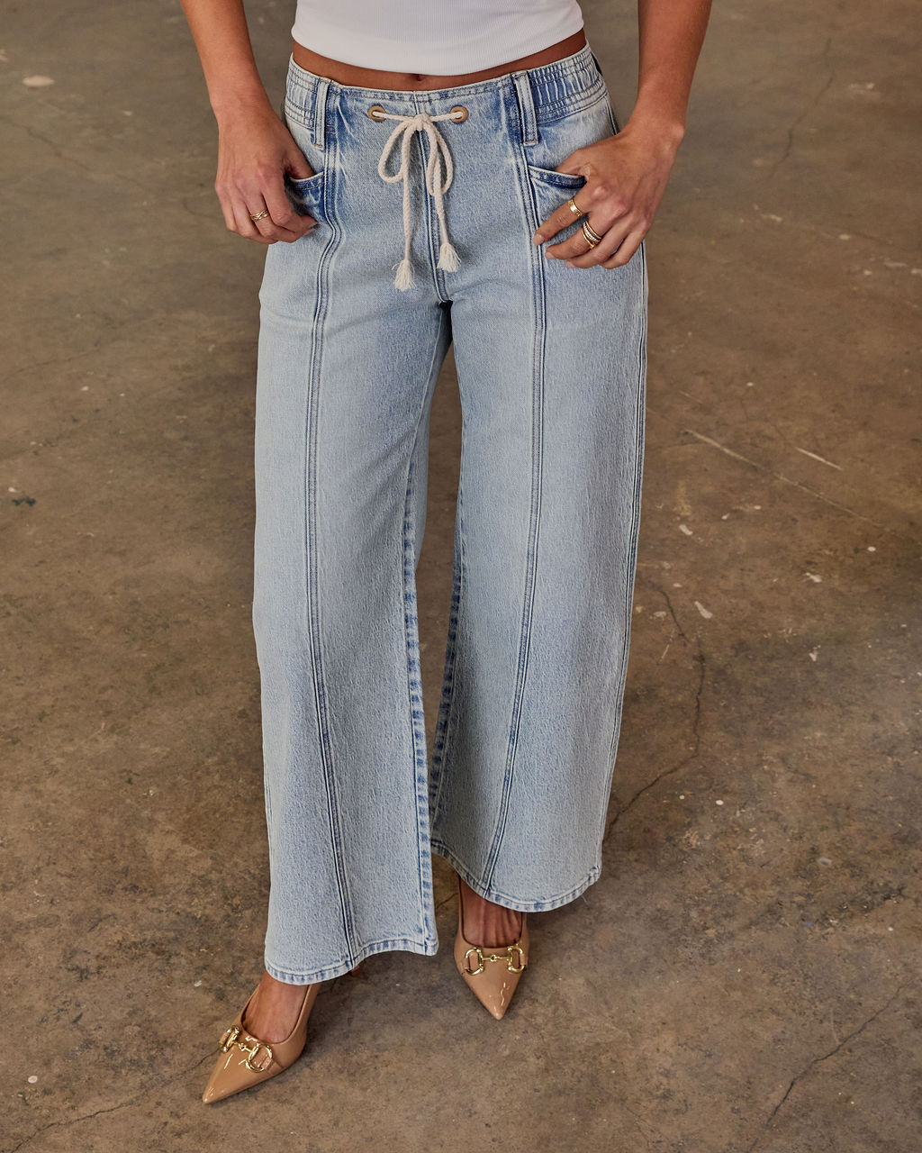 Berner Stretch High Rise Wide Leg Drawstring Pintuck Jeans