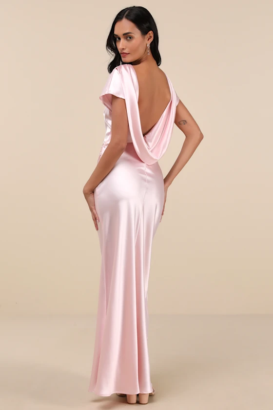 Captivating Presence Blush Pink Satin Cowl Back Maxi Dress