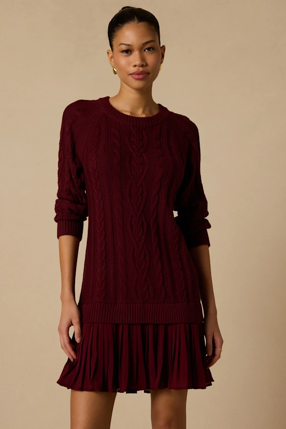 Alvie Burgundy Cable Knit Drop Waist Sweater Dress