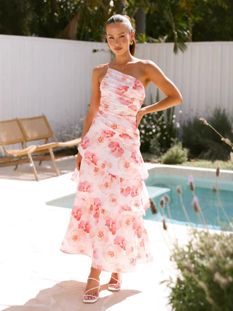 Floral One-Shoulder Maxi Dress – Women's Vacation Dress