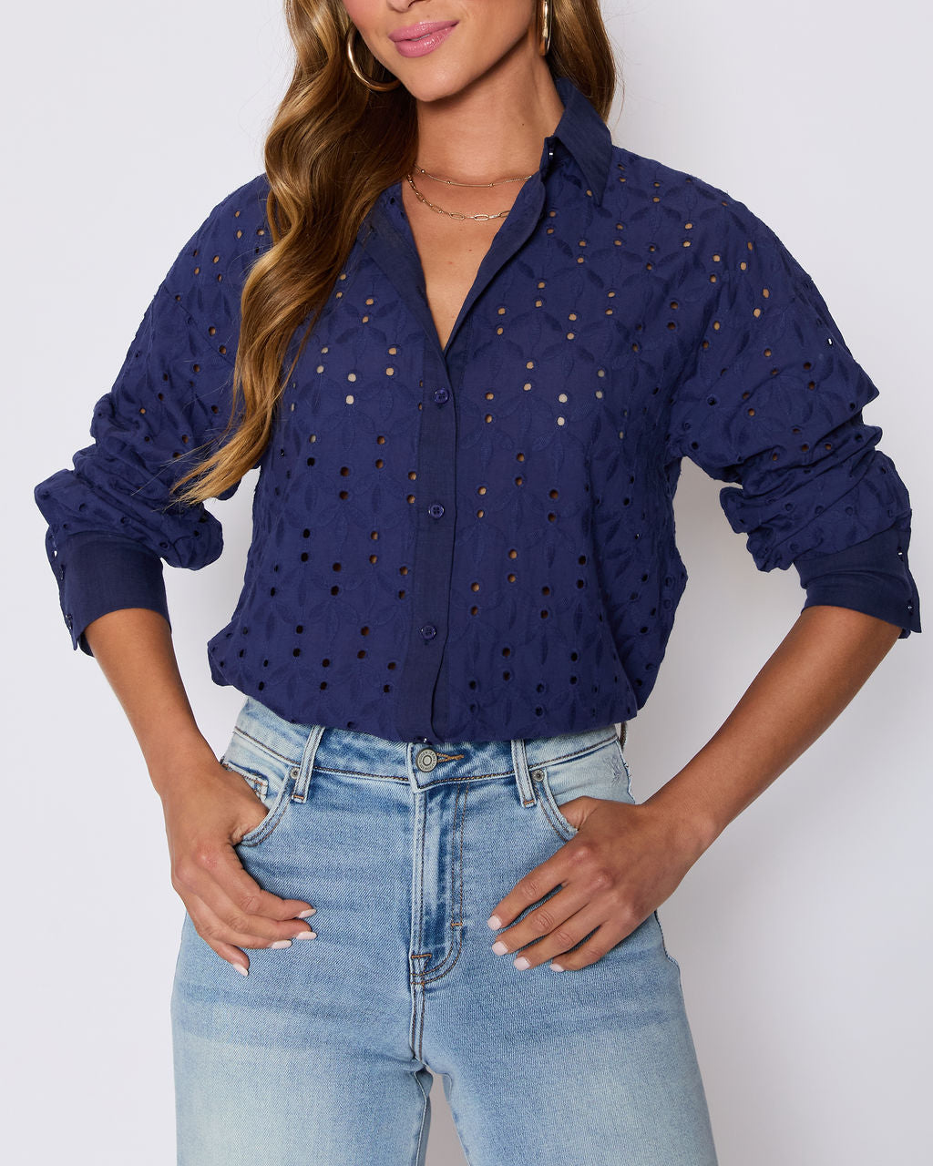 Garden Stroll Eyelet Floral Button Down Top