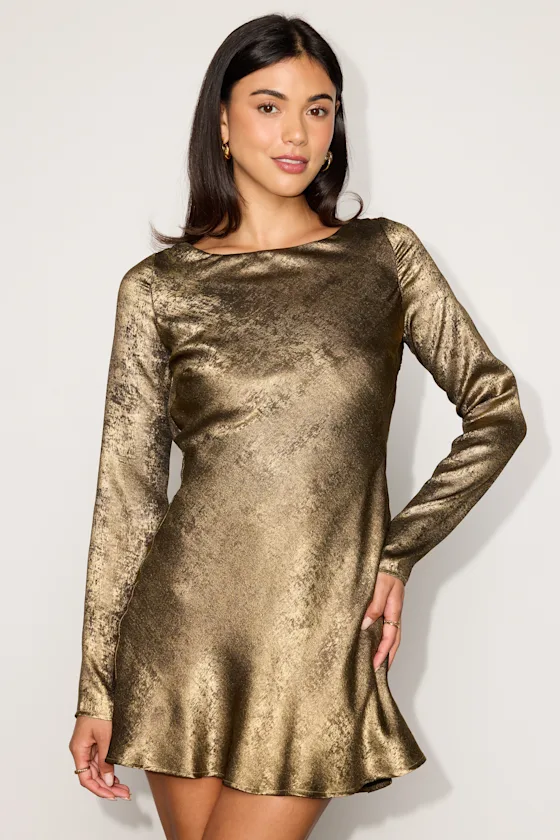 Stellina Gold Metallic Satin Long Sleeve Mini Dress