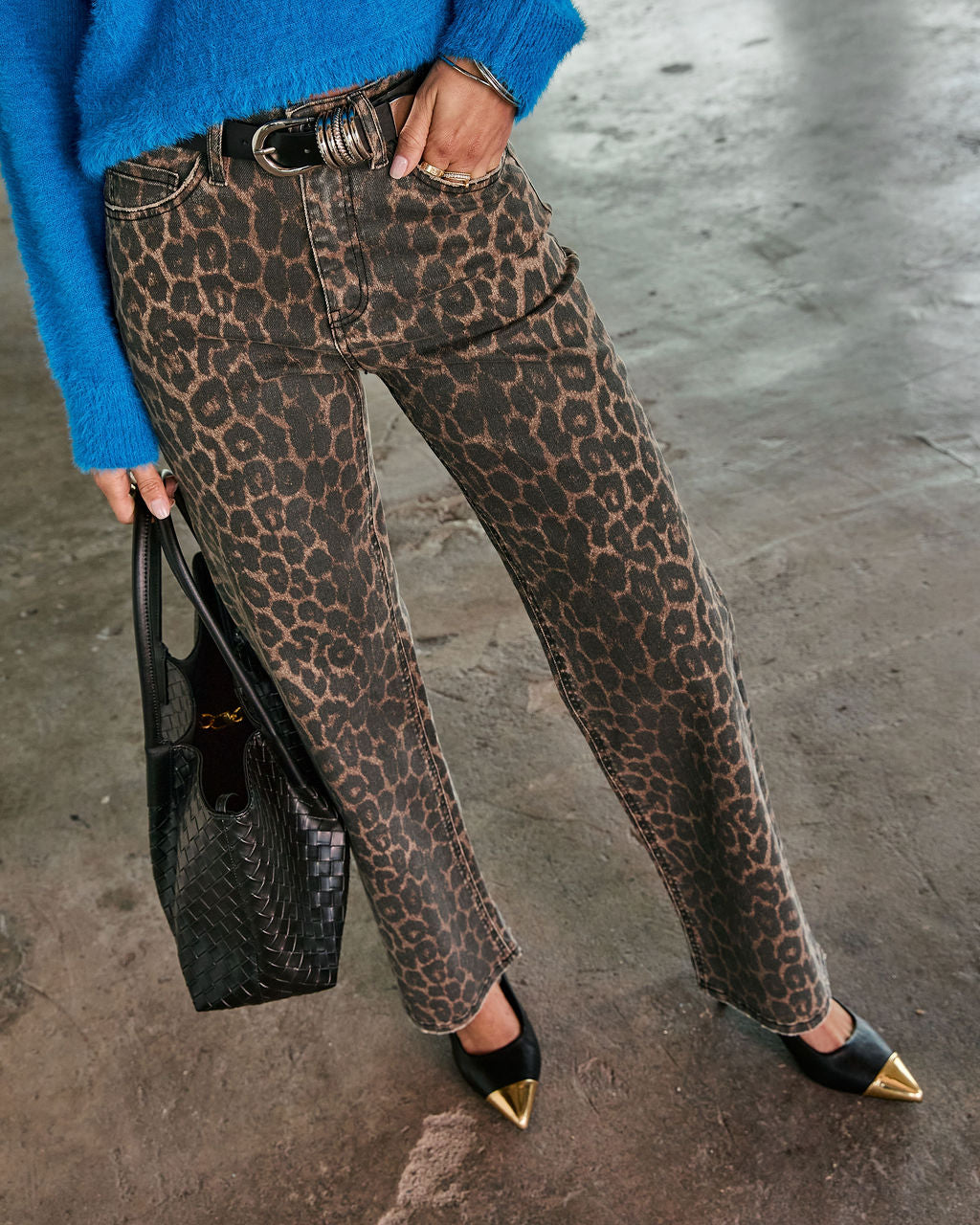 Yaron Stretch High Rise Straight Leg Leopard Print Jeans