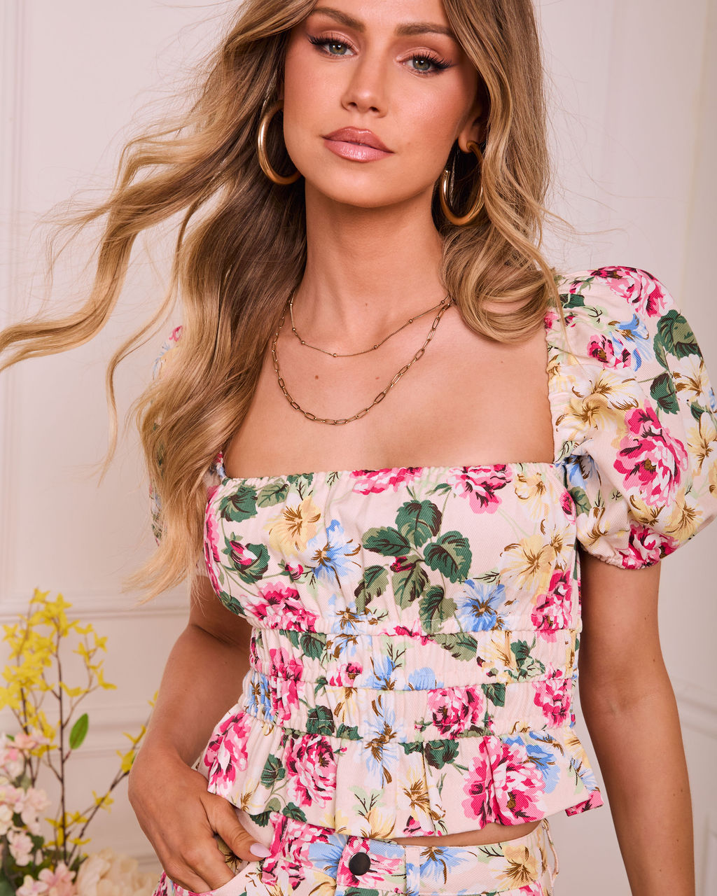 Sunveil Garden Smocked Puff Sleeve Top