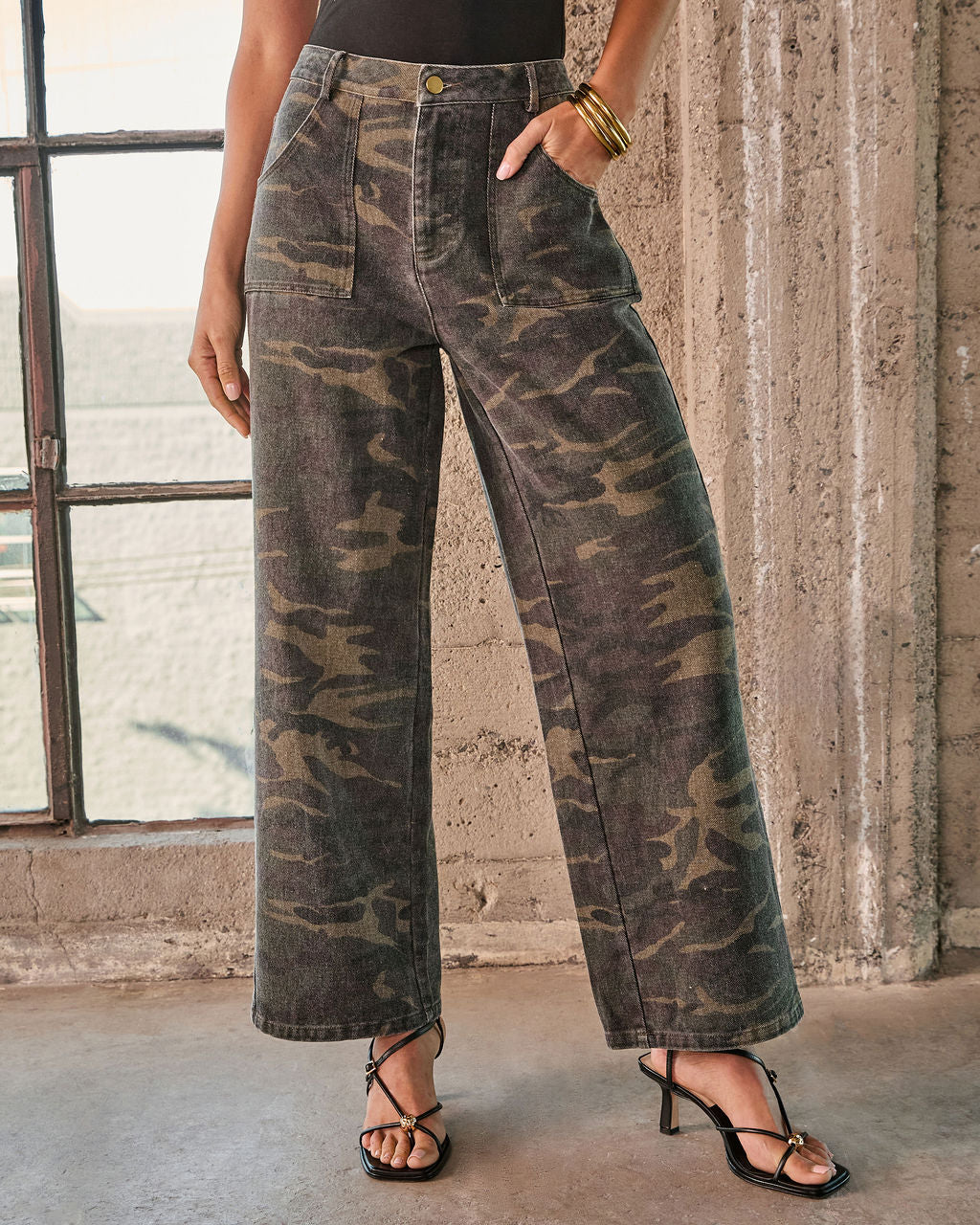 Polished Combat Rigid Straight Leg Camo Print Jeans