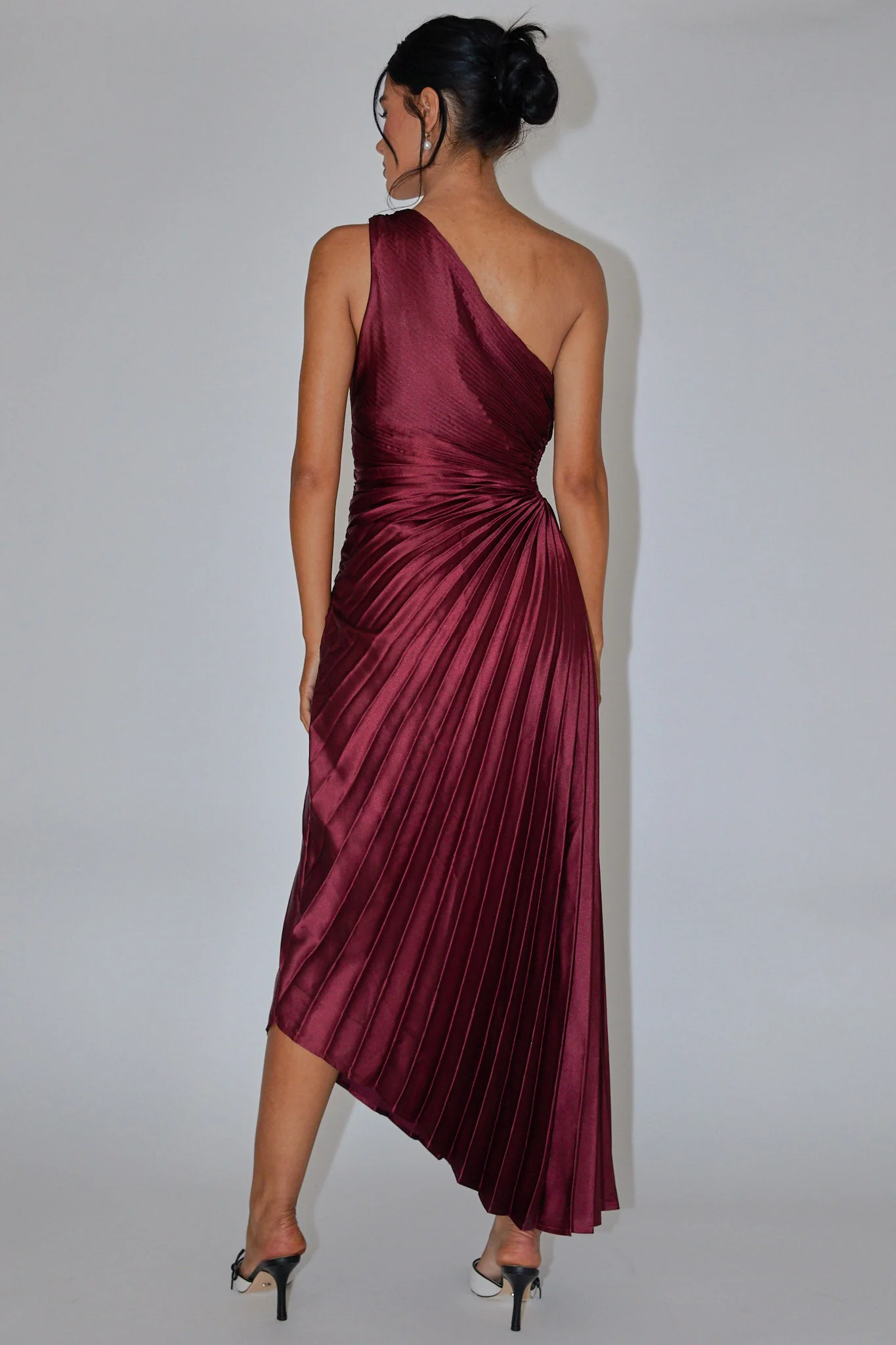 Brooklynn One-Shoulder Accordion Pleat Dress Wine