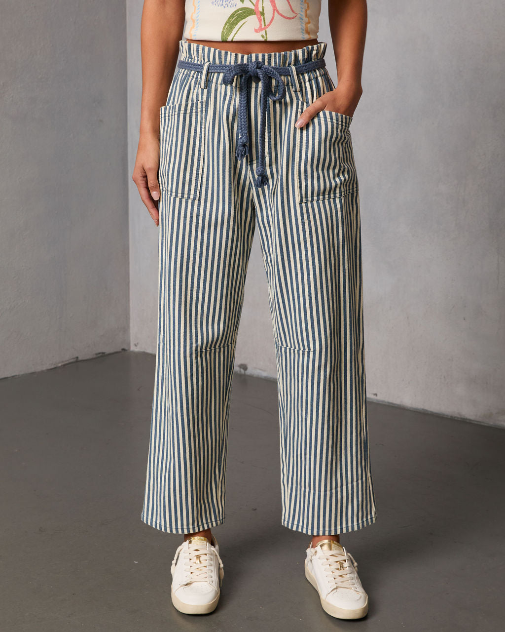 Duah Rigid Straight Leg Pinstripe Waist Tie Jeans