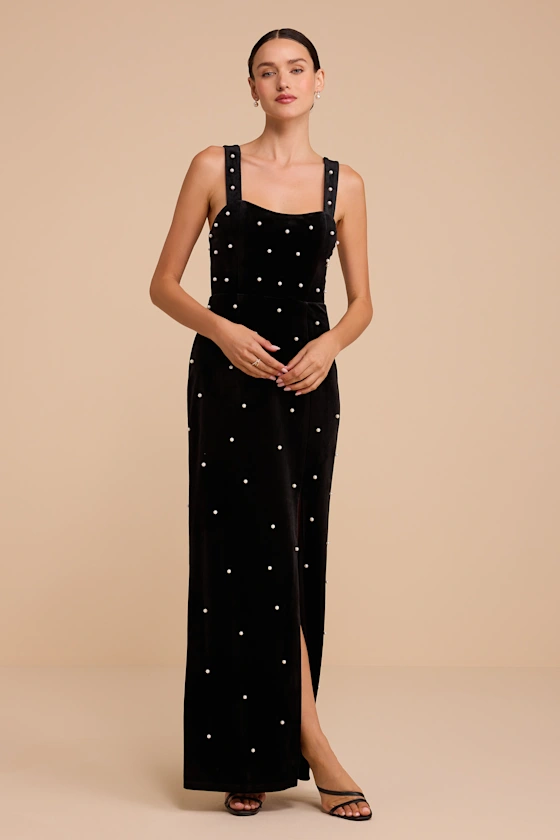 Viola Black Velvet Pearl Maxi Dress