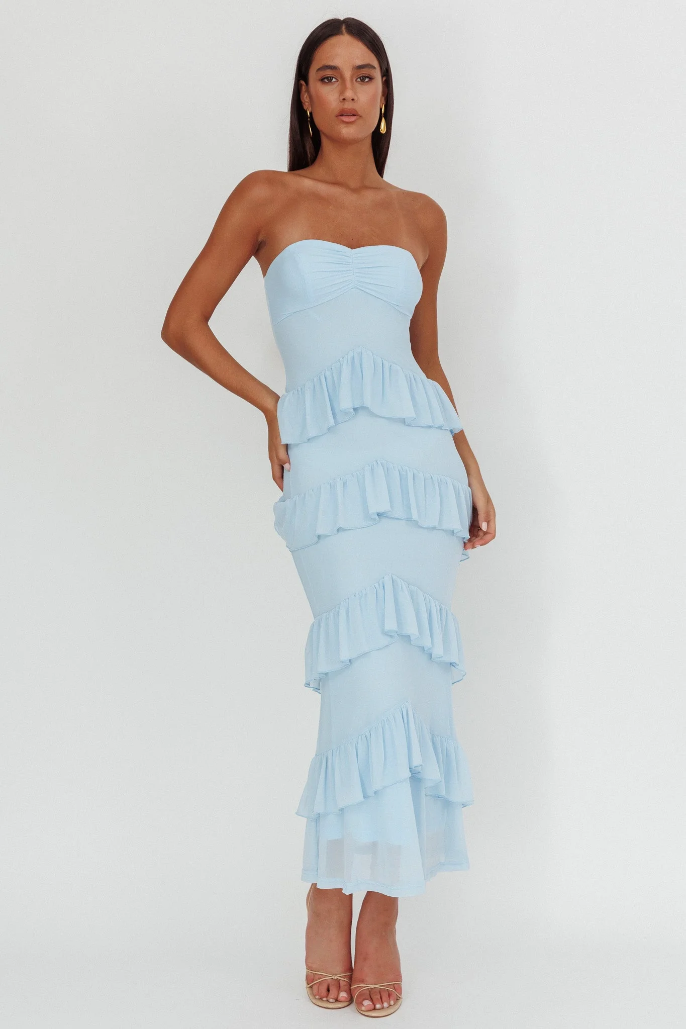 Dulce Dreams Sweetheart Neckline Frill Maxi Dress Blue