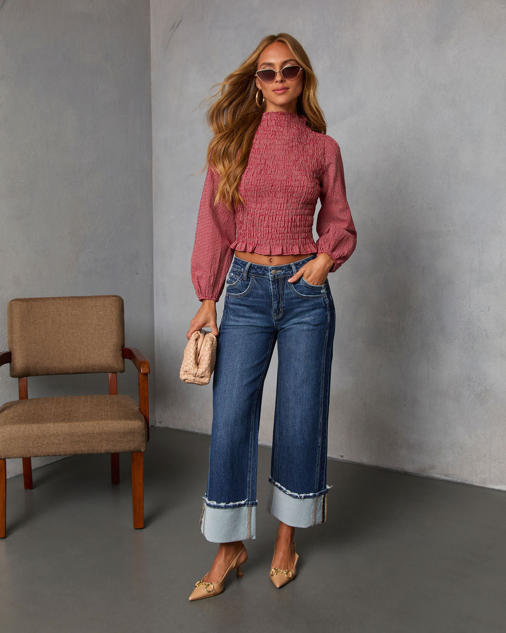 Emberlin Smocked Mock Neck Top